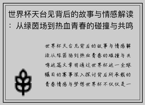 世界杯天台见背后的故事与情感解读：从绿茵场到热血青春的碰撞与共鸣