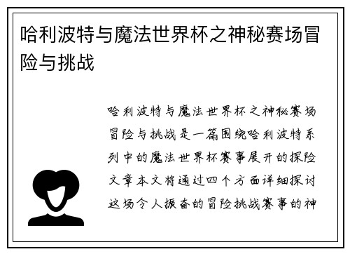 哈利波特与魔法世界杯之神秘赛场冒险与挑战